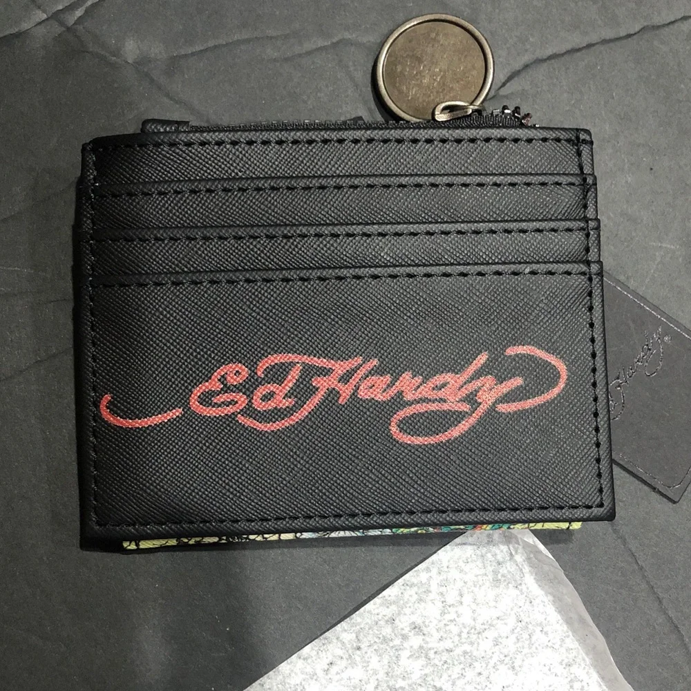 Ed Hardy black bifold‎ ed hardy multi graphics print slim card case brand new
